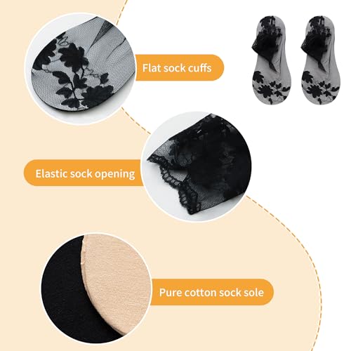 Image of SooGree 3Pairs Lace Socks No Show Frilly Ankle Socks Knit Cotton Socks Non Slip Low Cut Socks for Women Lace Floor Socks