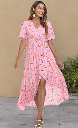 Image of VintageClothing Women's Wrap V Neck Floral Summer Dresses High Low Maxi Casual