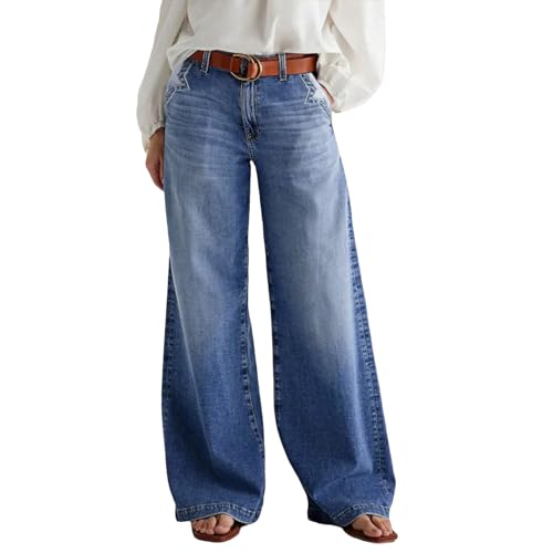 Wide Leg Jeans for Women Mid Waist Baggy Stitch Decor Denim Washed Pants Without Belt