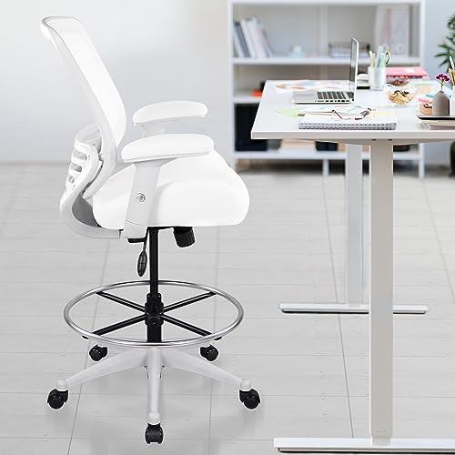 Image of BOLISS 400lbs Mesh Ergonomic Drafting Chair,Tall Office Chair, Standing Desk Chair,Height Adjustable Armrest,Lumbar Support,Foot Ring,Swivel Computer Task Chair-Wht