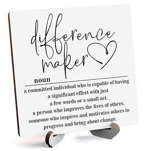 Wooden Table Sign Gift Difference Maker Definition Desk Decor Wood Plaque With Stand Unique Gift Ideas for Boss Women Best Mom Coworker Teacher Office(White)-A02