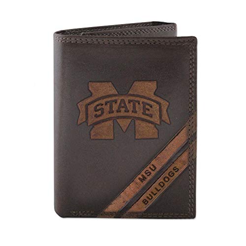 NCAA Mississippi State Bulldogs Zep-Pro Pull-Up Leather Trifold Embossed Wallet, Brown