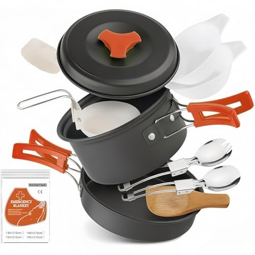 12 PCS Lightweight Camping Cookware Set – Non-Stick Pots, Pans & Utensils for Backpacking, Hiking & Outdoor Cooking – Compact Mess Kit for 1-2 People Give Away an Emergency Blanket as a Gift