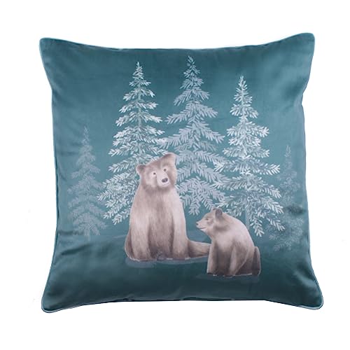 Dreams & Drapes Woodland Bear Cushion 43 x 43cm – Blue Teal Velvet Cushion with Piped Edge, Forest Bear Design, Includes Cushion Insert