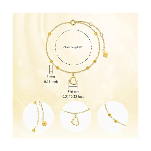 14kt Real Gold Heart Bracekets, Simple Gold Dangle Heart Bracelet Jewelry for Women, Mom Wife Girlfriend, 6"-8" - Image 3