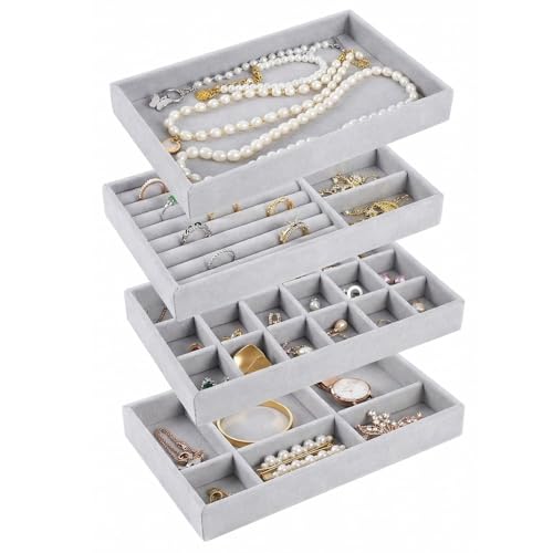 AIRZSNRY Velvet Drawer Jewelry Organizer Tray, Small Flat Jewelry Organizer for Drawer, Dresser Stacking Display Inserts for Jewelry Accessories in Dresser, Grey Set of 4