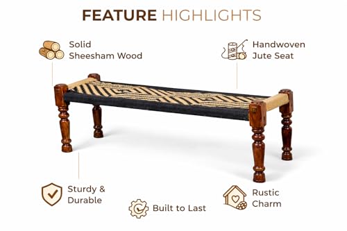 Image of Handwoven Wooden Bench | Traditional Rope Charpai Stool | Solid Wood Frame Seating for Living Room, Balcony & Outdoor | Durable & Stylish Design (Black with Jute)