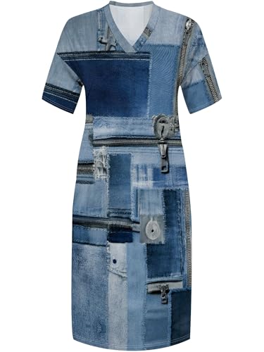 Image of SUZONANA Womens Plus Size 3D Denim-Print Fashion Maxi Dresses Casual Soft Tshirt Dress
