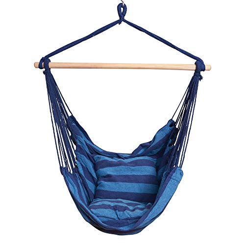PRIME GARDEN Comfort Hanging Hammock Chair, Rope Swing Chair with 2 Cushions for Indoor or Outdoor -- Max. 275 Lbs/Seaside Blue Stripe