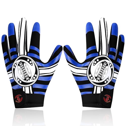 hisptgo Youth Football Gloves for Boys & Girls, Grip Boost Sticky Silicone Palm Elastic Breathable Adjustable Wrist American Flag Football Gloves for Kids Training Games (Blue, M/L)