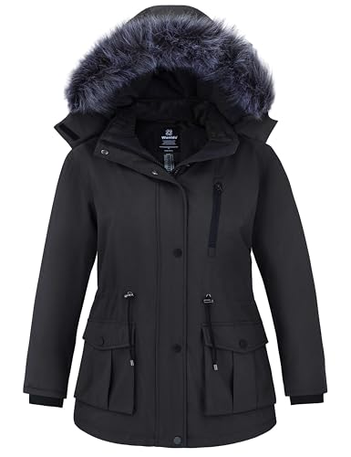 Wantdo Damen Winterjacke Übergröße Wasserdicht Warme Puffer Parka mit Abnehmbarer Kapuze Grau 54-56