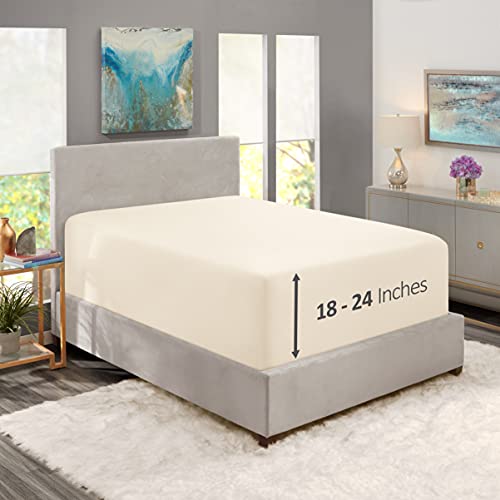 Image of Hearth & Harbor Extra Deep Pocket Twin XL Fitted Sheet - Fits 18 to 24 Inch Mattress - Ultra Soft 1800 Microfiber, Wrinkle-Free & Breathable - Hotel Luxury Fitted Sheet Only, Off White