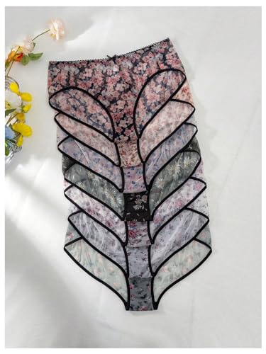 Beaudrm Women'S Plus Size 7 Pieces Floral Print Bow Panty Set Mid Rise Brief Set Underwear Multicolor 1Xl thumb #4