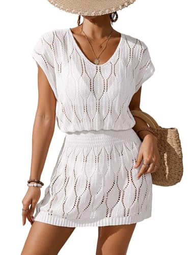 Image of BreathSunny Womens Crochet Cover Up Elastic Waist Beach Dresses Summer 2026 Scoop Neck Cap Sleeve Bathing Suit Mini Dress