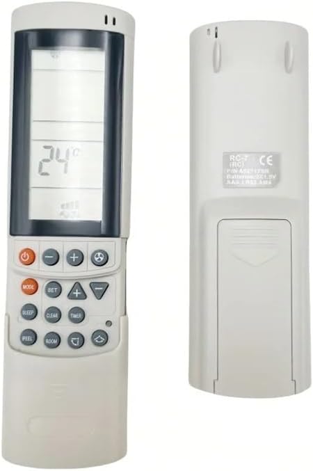 Front and back view of two TFZSRFFAX RC7 RC-7 remote controls. One shows the front with display and buttons, the other shows the plain back casing.