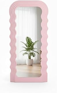 Générique Miroir Mural Grand Format Rose - Cadre Ondulé Wavy en Bois - 110x45 cm - Miroir Décoratif pour Chambre, Salon ou Entrée - Style Rétro Vintage