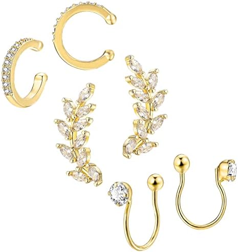 3 Pairs Gold Ear Cuff Earrings for Women 14k Gold Plated Ear Cuff for Girls Leaf Cubic Zirconia Ear Clip Non Pierced Earrings Jewelry Gifts (3 Pairs Gold)