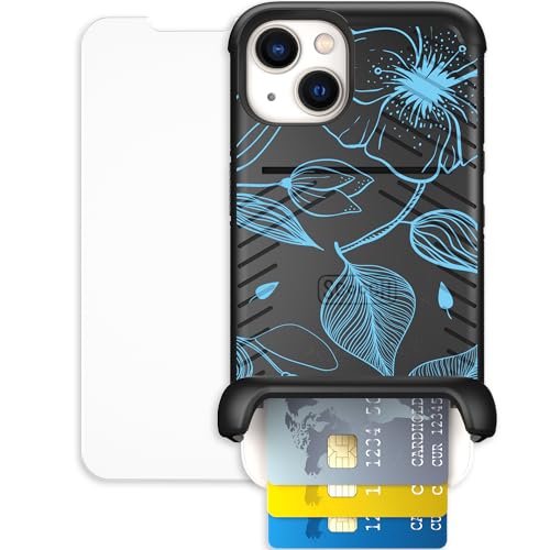 Scooch for iPhone 13 Wallet Case Card Holder, Wingmate, Blue Hibiscus
