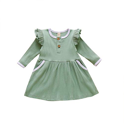 HAPPYMA Toddler Baby Girls Clothing Winter Solid Color Cotton Button Spring Dress Long Sleeve Skirt Outfits (Pocket-Green, 2-3T)