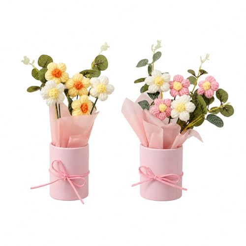 Image of Handmade Crochet Flower Bouquets (Set of 2) - Knitted Floral Decor Combo | Aesthetic Desk Flowers, Forever Flower Gift Set, Minimal Home Decor