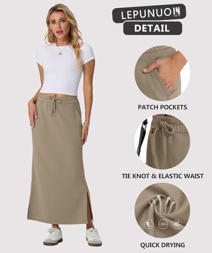 Image of Lepunuo Women's High Waisted Sweat Maxi Skirt with Pockets Slit | Ultra Soft Sweat Fabric, High Waist Drawstring, Deep Phone Pockets, Side Slit for Movement, Ideal for Lounge Travel