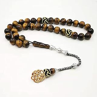 Tasbih Natural Tiger Eye Stone with Tabizon Handmade Muslim Rosary Bead Misbaha Beads Islamic Gift (12mm x 33beads)