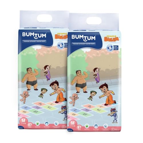 Image of Bumtum Chota Bheem Baby Diapers | Pant Style Baby Diapers Medium Size, 174 Count | Double Layer Leakage Protection Infused With Aloe Vera, Cottony Soft High Absorb Technology (87 Count, Pack of 2)