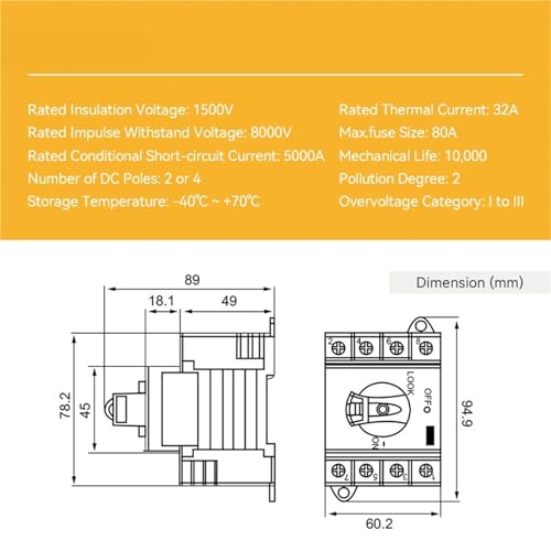 Interruptor aislador DC PV 1000V 32A solar de mango giratorio 2P para panel fotovoltaico 2