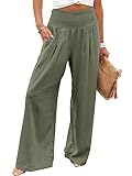ANRABESS Women Linen Palazzo Pants Summer Boho Wide Leg High Waist Casual Lounge Pant 2025 Beach Travel Vacation Outfits Olive X-Large