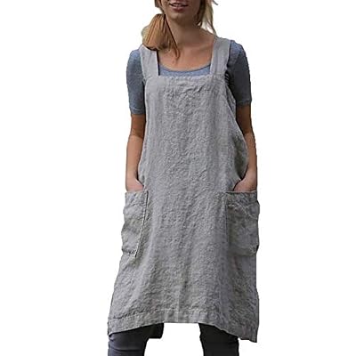 Delantal de lino de algodón para mujer, con espalda cruzada, vestido de pinafore para hornear, cocinar, trabajo de jardinería - gris - XL