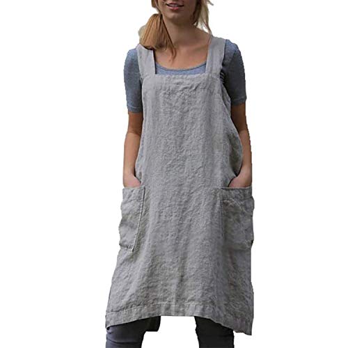 Delantal de lino de algodón para mujer, con espalda cruzada, vestido de pinafore para hornear, cocinar, trabajo de jardinería - gris - XL