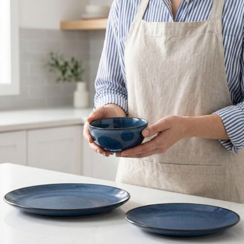 Image of Reactive Glaze Dinner Set, 8 Piece Stoneware Set, Midnight Blue, 4 Dinner Plates and 4 Serving Bowls