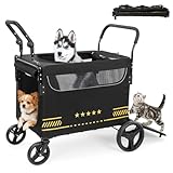 VOISTINO【広々大空間】ペットカート 犬カート ペットバギー 折りたたみ 双方向プッシュプル バリアフリー設計 飛び出し防止 耐荷重80kg 前輪360°回転 後輪ブレーキ付き 通気性 ４輪 多頭 老犬介護用 猫 ブラック
