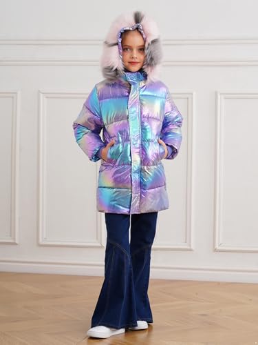 Kids Girls Sparkly Long Sleeve Jacket with Hood Warm Coat Fleece Coat Stand Collar Winter Outerwear3