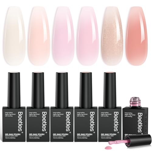 Beetles Jelly Gel Nail Polish Set - 6 Colors Nude Pink Gel Polish Kit Neutral Shimmer Translucent Sheer Gel Soak off Uv Nail Concealer Peach Juice Collection French Nail Art Manicure Gift for Women