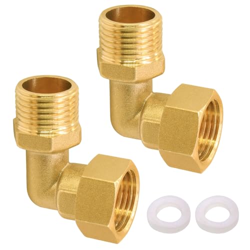 NVGFTG 2 Stück Messing Beweglich Verschraubung 1/2 Zoll Messing Winkel 90 Grad 1/2' IG/AG Brass Verschraubung 20 mm Brass Rohrverschraubung mit Unterlegscheibe für Wasserversorgungssystem