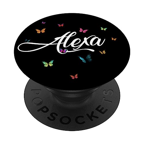 ALEXA - Adorable girl name with colorful Butterlies PopSockets Swappable PopGrip, Black