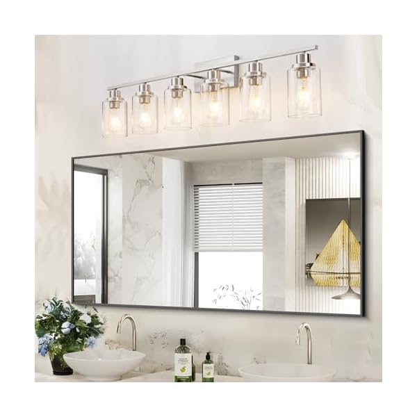   6-Light-Bathroom-Light-Fixtures-Brushed-Nickel-Vanity-Light-Over-Mirror-Modern-Farmhouse-Wall-Lighting-Sconces-Wall-Lamp-for-Bathroom-Bedroom-Living-Room-E26-Socket-with-Glass-Shade