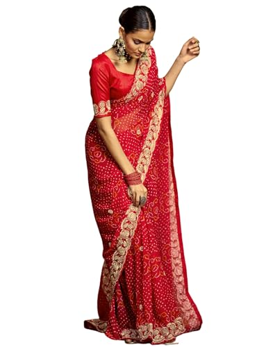 Image of SIRIL Women's Bandhani Printed Georgette Sequence Lace Scalloped Border Saree with Unstitched Blouse Piece