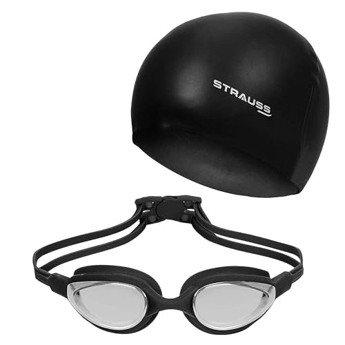 STRAUSS Swimming Set with UV and Anti Fog Protection Goggles, Swim Cap, Earplug and Nose Plug Set - Suitable Swimming Kit for All Age Group | Fully Adjustable | (Black)