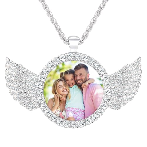 HooAMI Photo Necklace,Personalised Round Necklace Engraving Custom Picture Text With Chain Birthday Gifts for Her Mum Girls Women Men (Silver Angel Wing)