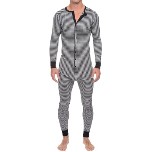 Oanviso Homme Combinaison Pyjama Overall Jumpsuit Grenouillères Onesie Henley à Manches Longues Confortable Ensemble de Pyjama à Bouton Une Pièce Ramper C Gris M