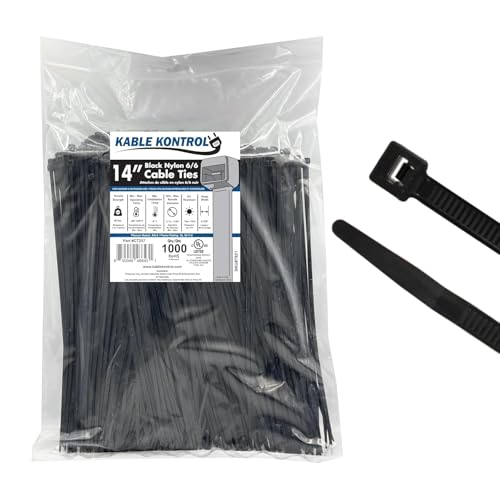 Kable Kontrol Cable Zip Ties 1000 Pcs 14 Inch Black, 50 Lbs Tensile Strength, Self-Locking UV Resistant Plastic Nylon Wire Ties, for Indoor or Outdoor Use