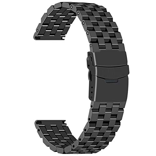 Juntan Bracelet de montre 22mm Remplacement du bracelet de montre en acier inoxydable Brossé 5 rangées Bracelet montre noir pour homme femme Fermoir de déploiement en métal Cover