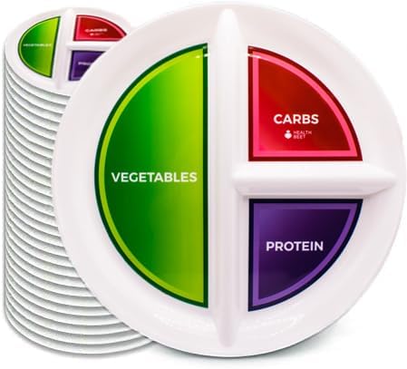 Health Beet 10 Diabetic Portion Control Plate for Balanced Eating - 3 Divided Sections for Veggies Carbs & Protein - Microwave & Dishwasher Safe Bariatric Sectioned Plates for Adults & Kids - 48 Pack