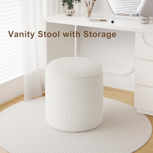 Round Boucle Ottoman with Storage Set of 2, White Ottoman Poufs for Living Room, Sherpa Storage Ottoman Stool, Cute Teddy Foot Rest, White Makeup Vanity Stool Chair, Small Coffee Table