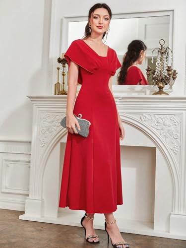 Image of Shasmi Women's & Girl's Solid A-Line Maxi Dress | V-Neck Pleated Bodice | Cap Batwing Sleeves | Fit & Flare Evening Gown (Dress 274)