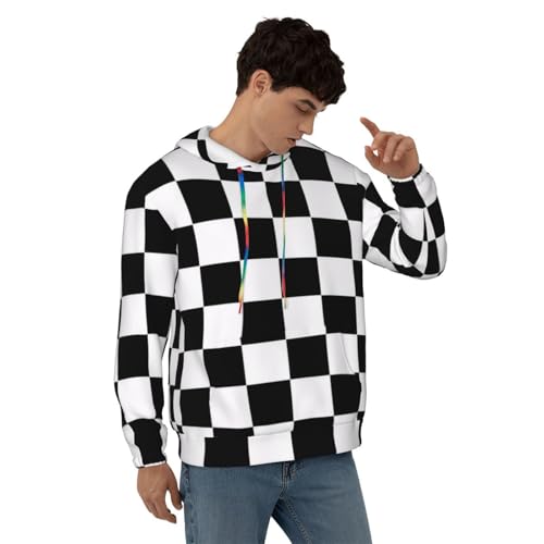 Mens Hoodie Pullover Casual Long Sleeve Drawstring Top Black And White Plaid Print Hooded Sweatshirt With Pocket4