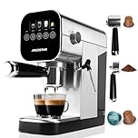Aigostar Macchina Caffè, Compatibile con Capsula & Caffè Macinato, 0,9L, 1350W, 20 Bar, Schermo LCD Touch, Con Montalatte Elettrico Incorporato, Acciaio Inox, Macchinetta Caffe per Casa Ufficio