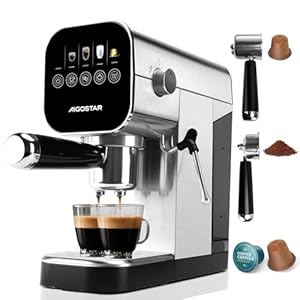 Aigostar Espresso Siebträgermaschine, Kompatibel mit Kapseln & Bohnenkaffee, 0,9L, 1350W, 20 Bar Druck, LCD-Touchscreen, Milchaufschäumer, Edelstahlgehäuse, Kaffeemaschine Klein für Haushalt & Büro